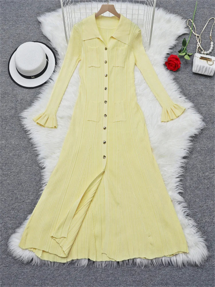 Ribbed Ruffled Knit Long Dress Female Pocket Fashion Cardigan Sweater Long Sleeve Party Dress Women__ Knitwear Maxi Dress