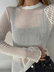 Tossy Ribbed See-Through Knit Pullover Female Hollow Out Slim Solid Long Sleeve Top Sheer Casual Knitwear Ladies Pullover Summer