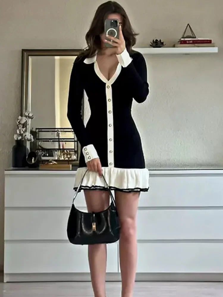 Ruffled Bow Knit Mini Dress Women__ Summer Backless Contrast Cardigan Lace-Up Elegant Dress Female Knitwear Bandage Dress