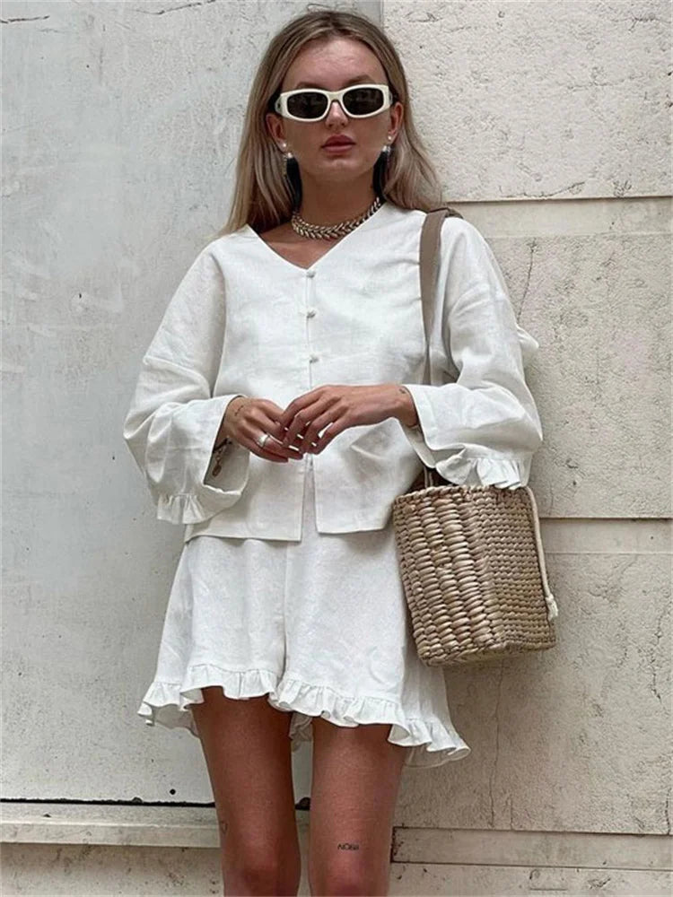 Tossy Ruffled Casual Outfits For Women High Waist Long Sleeve Shorts Two Piece Solid Knee Length Baggy Female Nightwear Outfits