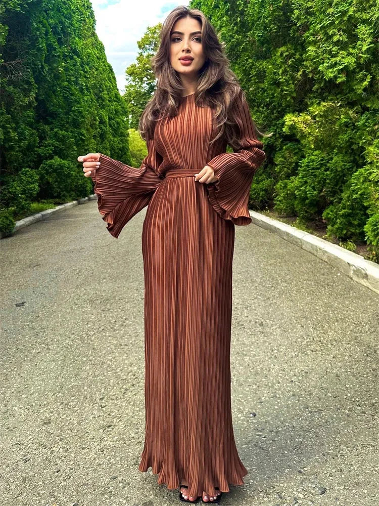 Tossy Ruffled Lace-Up Ribbed Maxi Dress For Women Long Sleeve Fashion High Waist Elegant Party Dress Autumn Bandage Ladies Dress