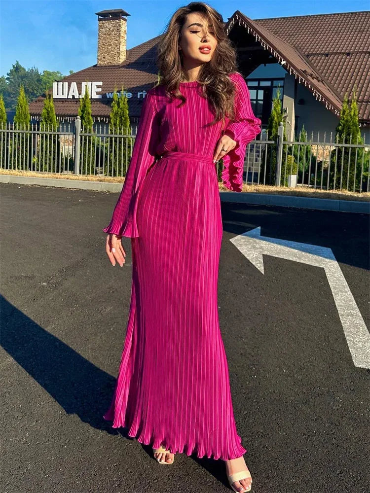 Tossy Ruffled Lace-Up Maxi Dress – Long Sleeve High Waist Elegant Party Dress