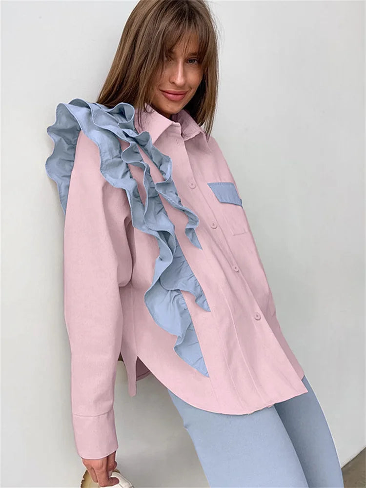 Tossy Ruffled Patchwork Fashion Shirts For Women Pocket Lapel Casual Long Sleeve Cardigan Elegant Contrast Female Blouse Y2k Top