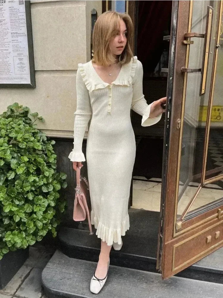 Tossy Ruffled Patchwork Knit Maxi Dress For Women Elegant Ribbed Long Sleeve Party Dress Gown Slim Knitwear Fashion Long Dress