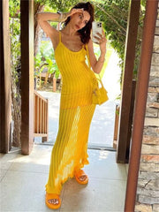 Tossy Ruffled See-Through Backless Halter Dress Female Sleeveless Hollow Out High Waist Elegant Gown Spaghetti Women Maxi Dress