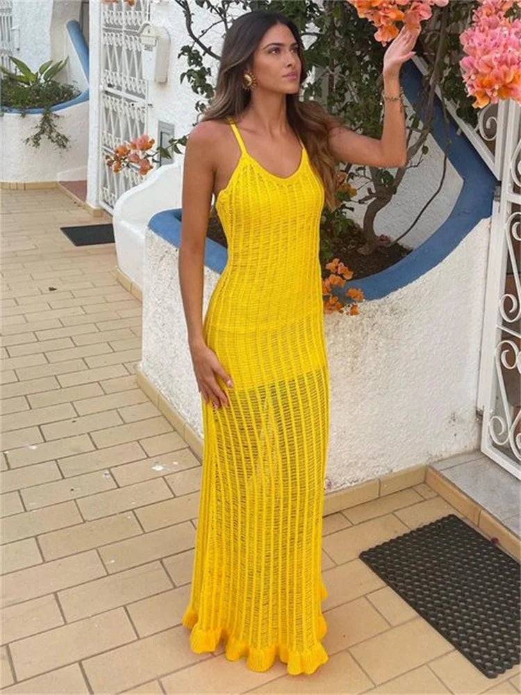 Tossy Ruffled See-Through Backless Halter Dress Female Sleeveless Hollow Out High Waist Elegant Gown Spaghetti Women Maxi Dress