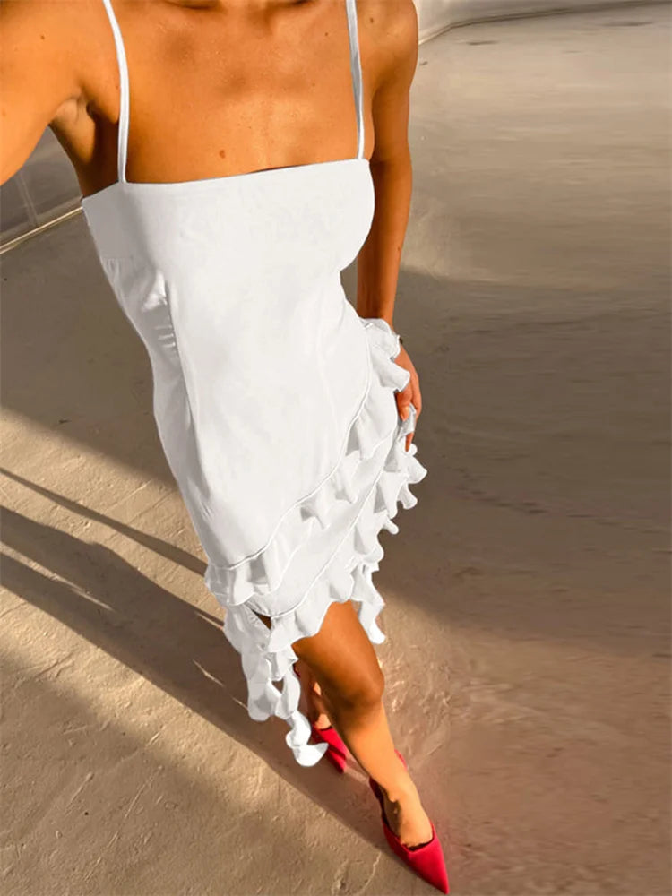 Tossy Ruffled Tassel Backless Halter Dress Women White Slim Patchwork Summer 2023 Elegant Party Dress Spaghetti Fashion Dress