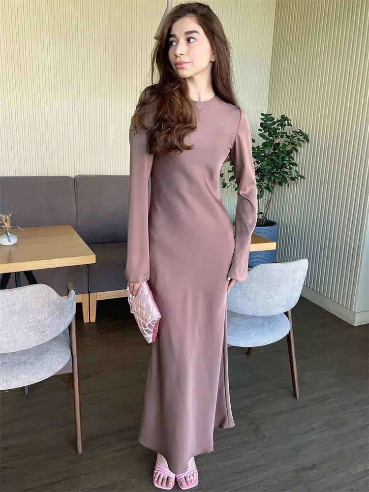 Tossy Satin Fashion Slim Maxi Dress For Women Long Sleeve High Waist Elegant Solid Party Dress Casual Luxury Ladies Autumn Dress