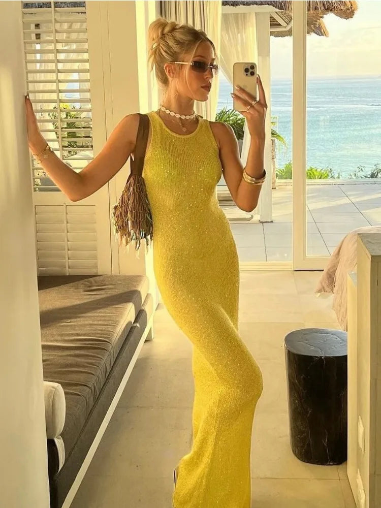 Tossy See-Through Fashion Sleeveless Maxi Dress Female Casual Sequin Slim High Waist Streetwear Vest Clothes Women Long Dress