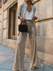 Tossy Sequin Fashion 2 Piece-Set Women Straight Leg Slim Glitter Patchwork Suit Outwear and Pants Sets