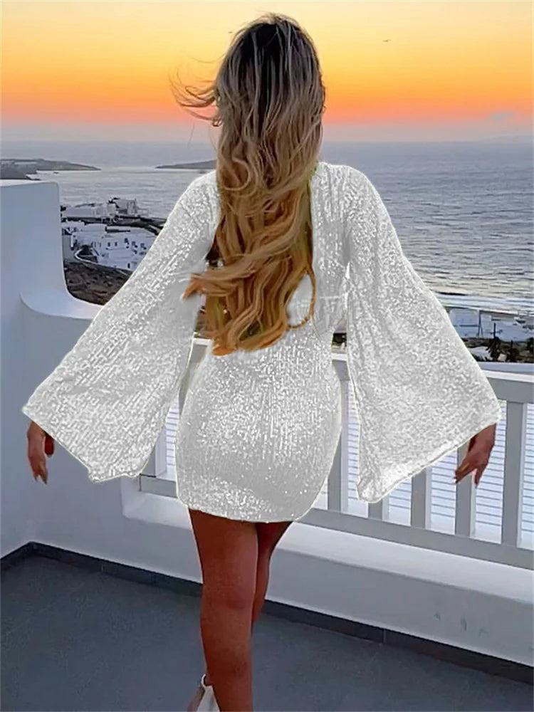 Tossy Sequin Fashion Autumn Mini Dress Female Glitter See-Through Long Sleeve Elegant Club Party Dress Sparkle Ladies Dress 2023