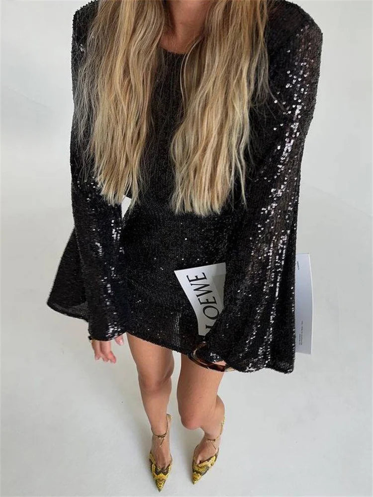 Tossy Sequin Fashion Autumn Mini Dress Female Glitter See-Through Long Sleeve Elegant Club Party Dress Sparkle Ladies Dress 2023