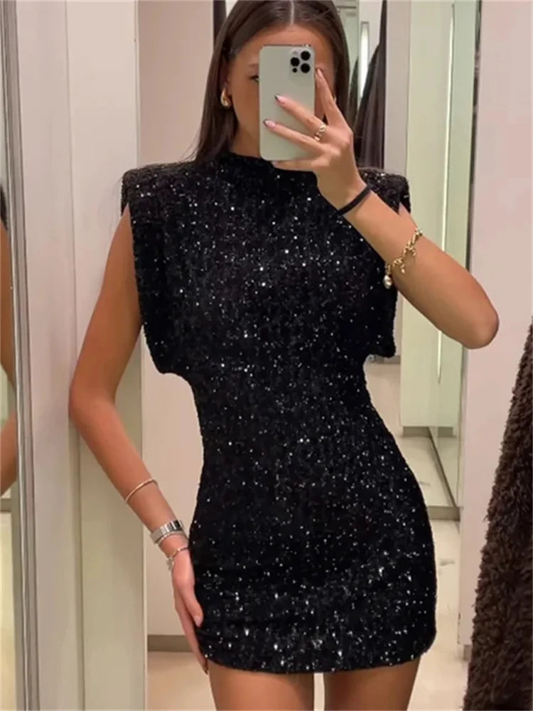 Tossy Sequin Fashion Sleeveless Mini Dress For Women Black Slim Patchwork Glitter Elegant Party Dress Gown Women’s Dress New