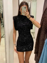 Tossy Sequin Fashion Sleeveless Mini Dress For Women Black Slim Patchwork Glitter Elegant Party Dress Gown Women’s Dress New