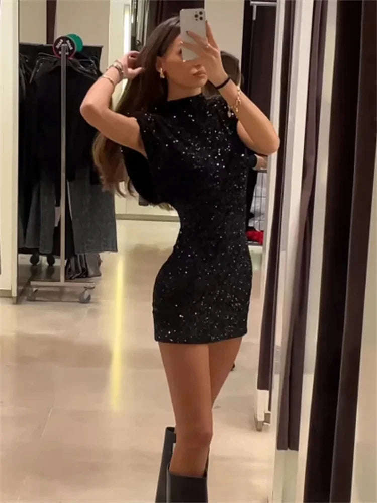 Tossy Sequin Fashion Sleeveless Mini Dress For Women Black Slim Patchwork Glitter Elegant Party Dress Gown Women’s Dress New