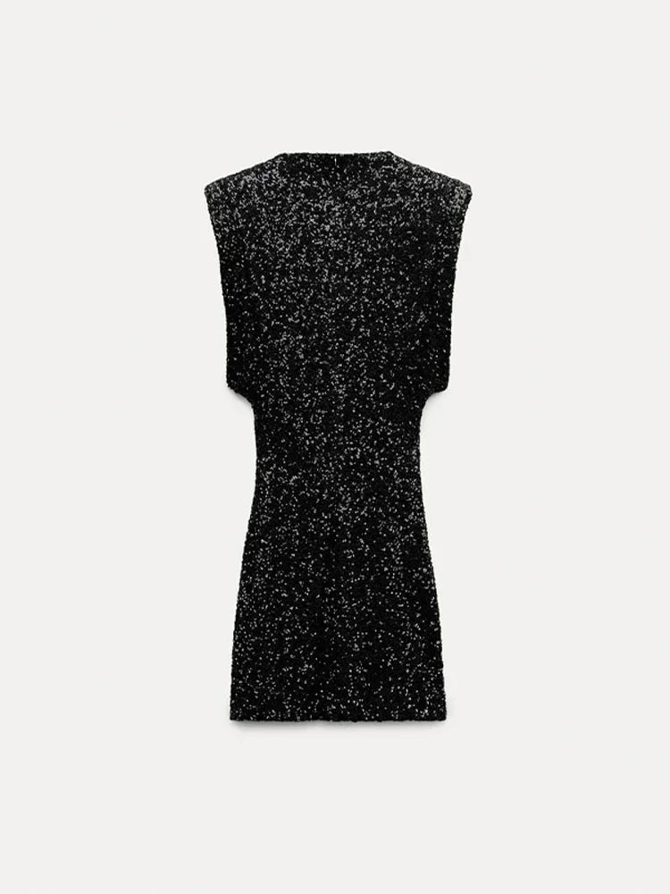 Tossy Sequin Fashion Sleeveless Mini Dress For Women Black Slim Patchwork Glitter Elegant Party Dress Gown Women’s Dress New