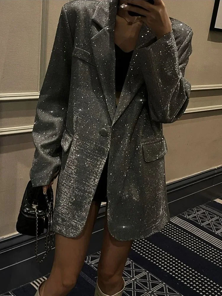 Tossy Sequin Glitter Lapel Suit Outwear for Women – Long Sleeve Fashion Coat