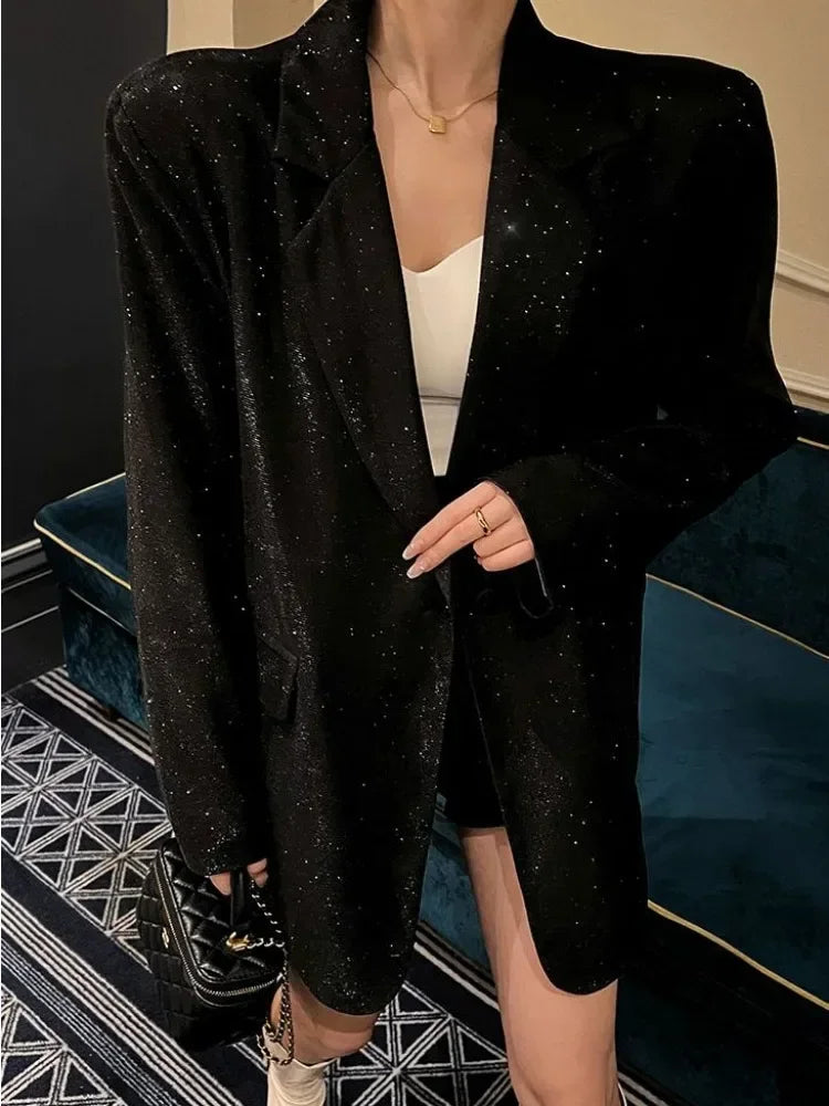 Tossy Sequin Glitter Lapel Suit Outwear for Women – Long Sleeve Fashion Coat