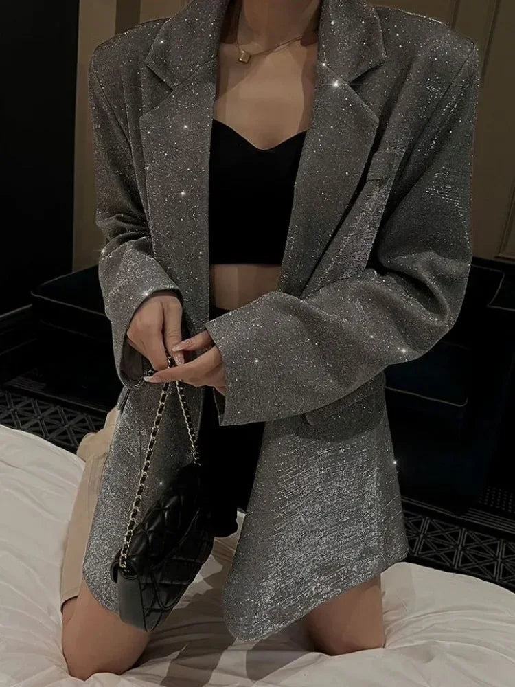 Tossy Sequin Glitter Lapel Suit Outwear for Women – Long Sleeve Fashion Coat