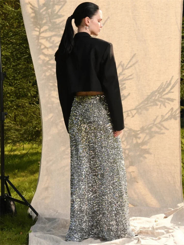 Tossy Sequin High Waist Fashion Maxi Skirt Female Slim Glitter Patchwork Party Looks Streetwear Women’s Patchwork Long Skirt