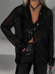 Tossy Sequin Loose Fashion Shirts Female Casual Lapel Cardigan Summer Clothes New Outwear Glitter Party Blouse Luxury Women’s