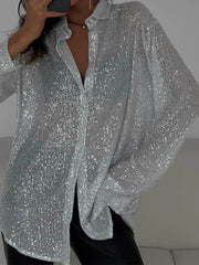 Tossy Sequin Loose Fashion Shirts Female Casual Lapel Cardigan Summer Clothes New Outwear Glitter Party Blouse Luxury Women’s