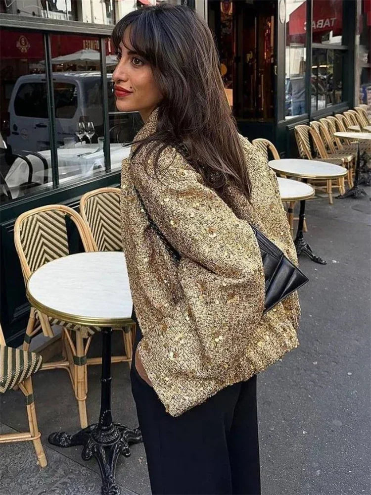 Tossy Sequin Luxury Female Coat Fashion Patchwork Glitter High Street Pocket Elegant Vintage Woolen Coat Pocket Women Cardigan