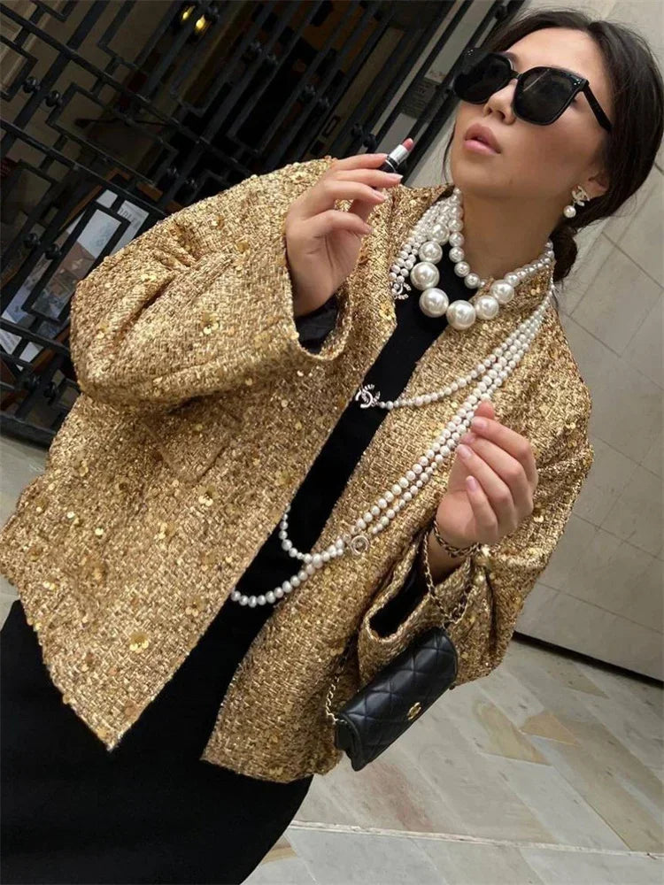 Tossy Sequin Luxury Female Coat Fashion Patchwork Glitter High Street Pocket Elegant Vintage Woolen Coat Pocket Women Cardigan