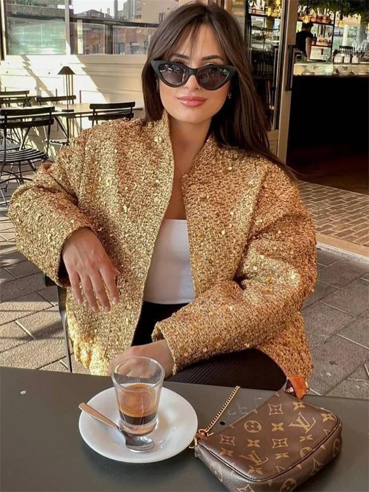 Tossy Sequin Luxury Female Coat Fashion Patchwork Glitter High Street Pocket Elegant Vintage Woolen Coat Pocket Women Cardigan