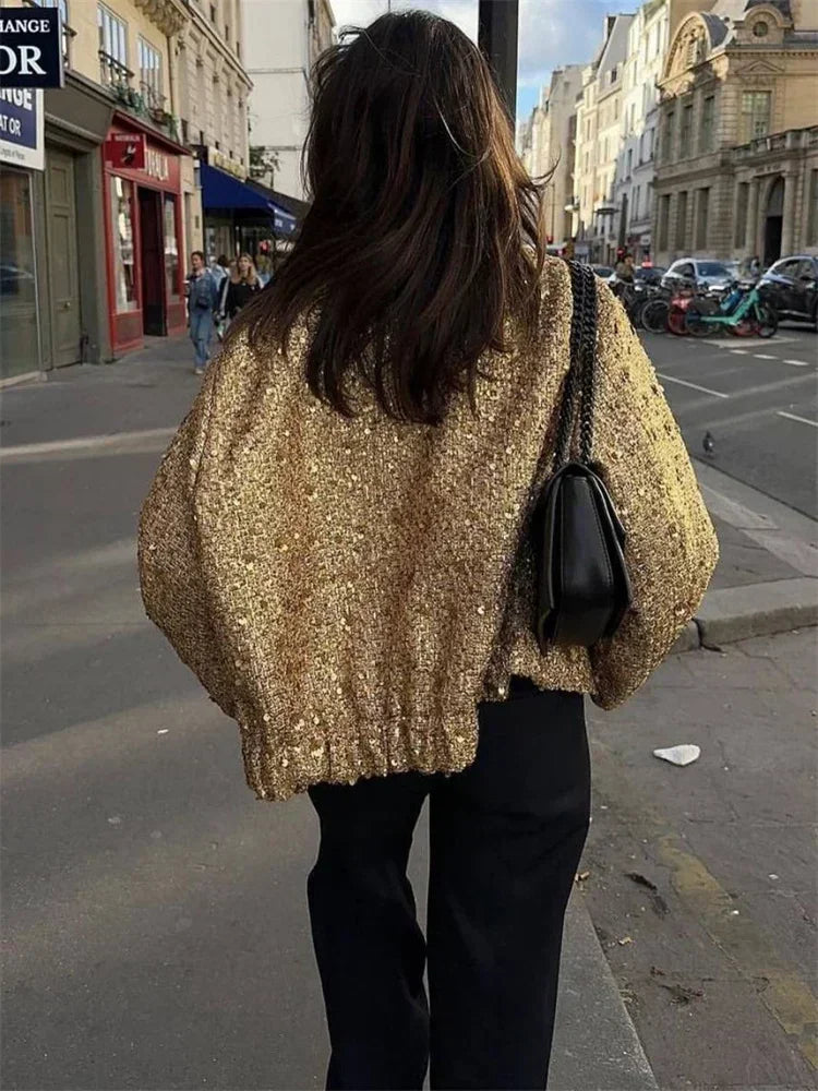 Tossy Sequin Luxury Female Coat Fashion Patchwork Glitter High Street Pocket Elegant Vintage Woolen Coat Pocket Women Cardigan