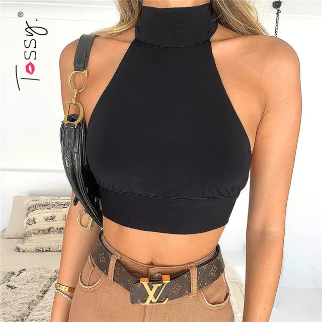 Tossy Sexy Backless Black Solid Summer Top For Women Tank Top Y2K Slim Bandage Sleeveless Halter Crop Top Party Streetwear Camis