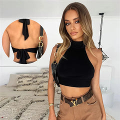 Tossy Sexy Backless Black Solid Summer Top For Women Tank Top Y2K Slim Bandage Sleeveless Halter Crop Top Party Streetwear Camis