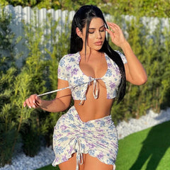 Tossy Sexy Floral Dress Two Piece Set Women Summer Set Hollow Out Crop-Top And Skirt Suit Cross Lace Up 2021 New Boho Dresses