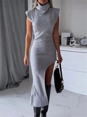 Tossy Sleeveless Fashion Turtleneck Long Dress Female Solid Split Patchwork Slim Autumn Maxi Dress Women’s Elegant Party Dress