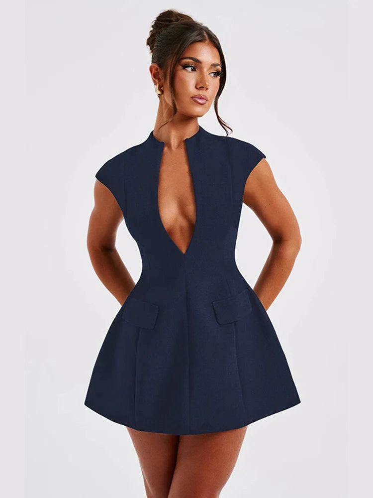 Tossy Slim Fit Short Dress Sexy Deep V Neck Dress Women Solid Color High Waist A-Line Fashion Lady Birthday Party Dresses 2024