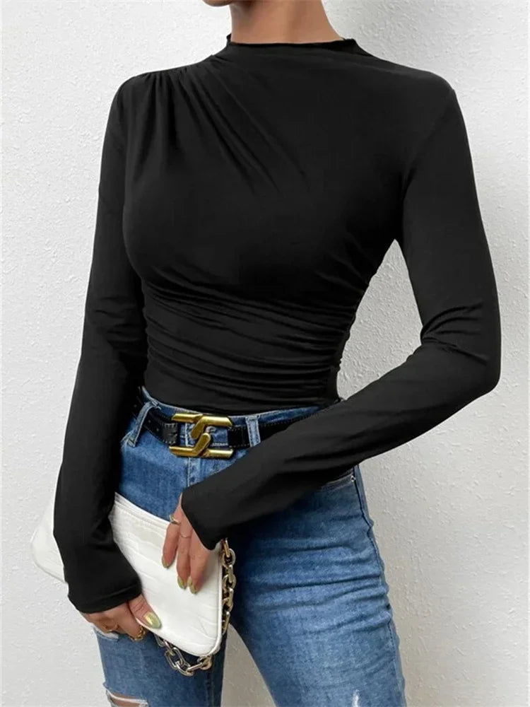 Tossy Solid Casual Pleated T-shirt For Women Patchwork Long Sleeve High Waist Inner Ruffled Crop top Ladies Vintage Y2k Top Tee