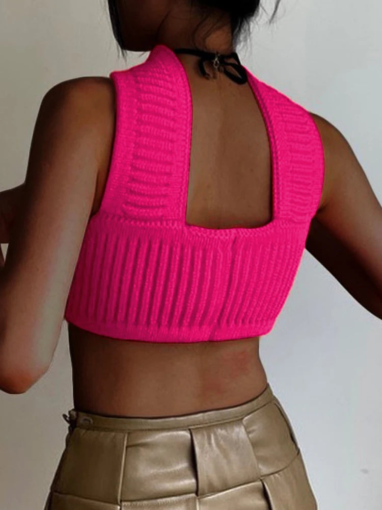 Tossy Solid Knitted Bandage Halter Tops For Women Backless Sexy Tanks Tops Y2K Cropped Summer Fashion Camisole Party Clubwear