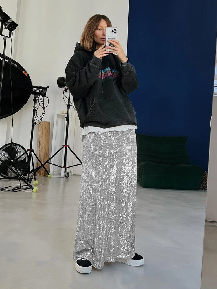 Tossy Sparkly Midi Skirts Women Autumn 2023 New High Waist Glitter Sequin Y2k Long Skirt Fashion Club Party Ladies Long Skirt