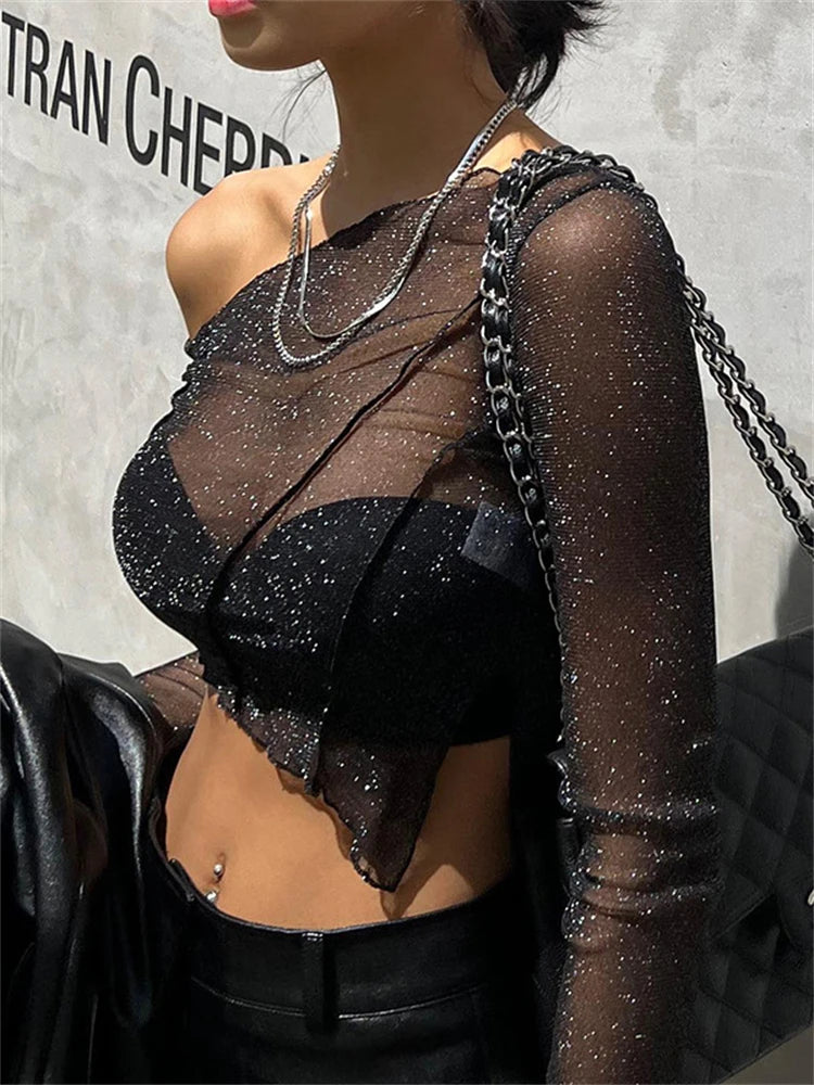 Tossy Sparkly Sheer One Shoulder Crop Top Black Glitter See-Through Skinny Solid For Women Sexy Party Mesh y2k Top 2023 Summer