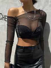 Tossy Sparkly Sheer One Shoulder Crop Top Black Glitter See-Through Skinny Solid For Women Sexy Party Mesh y2k Top 2023 Summer