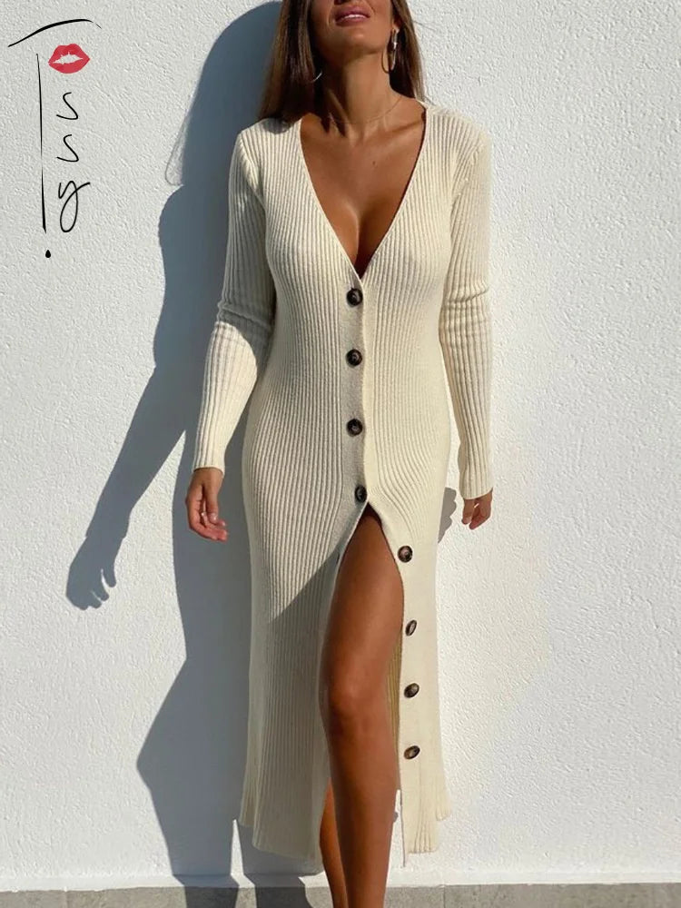 Tossy Spring New Knitted Sweater Dress V Neck Long Sleeve Bodycon Midi Dress Cardigan Knitwear Ladies Casual White Dresses 2022