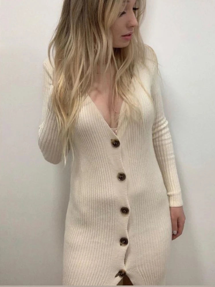 Tossy Spring New Knitted Sweater Dress V Neck Long Sleeve Bodycon Midi Dress Cardigan Knitwear Ladies Casual White Dresses 2022