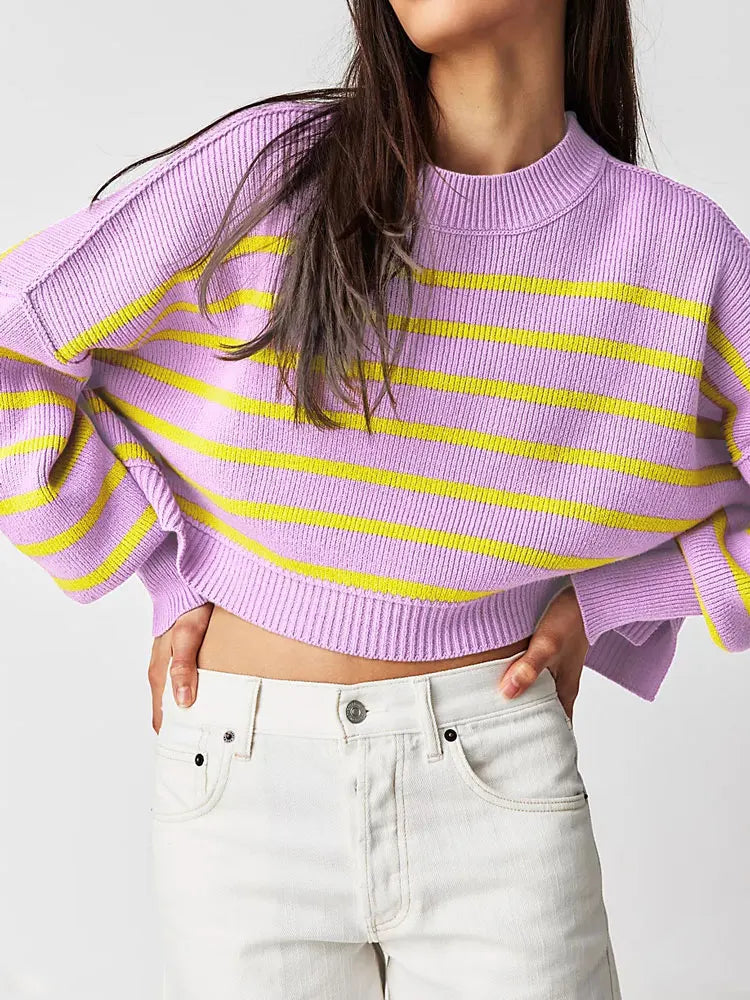 Tossy Striped Contrast Female Sweater Pullover Casual Knit Loose Long Sleeve Patchwork Fashion Knitwear Top Women’s Pullover New