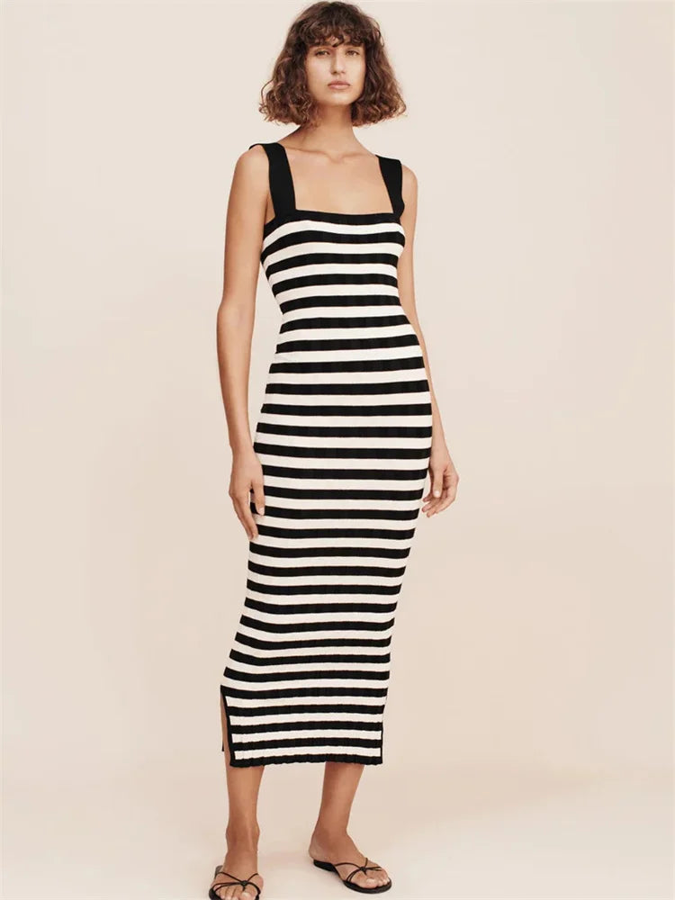 Tossy Striped High Waist Backless Maxi Dress Women Contrast Split Slim Fashion Off-Shoulder Autumn 2023 Party Dress Streetwear