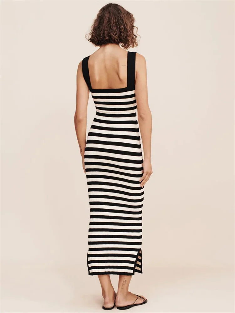 Tossy Striped High Waist Backless Maxi Dress Women Contrast Split Slim Fashion Off-Shoulder Autumn 2023 Party Dress Streetwear