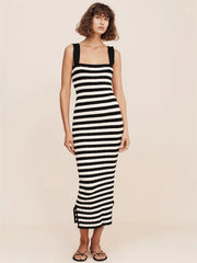 Tossy Striped High Waist Backless Maxi Dress Women Contrast Split Slim Fashion Off-Shoulder Autumn 2023 Party Dress Streetwear