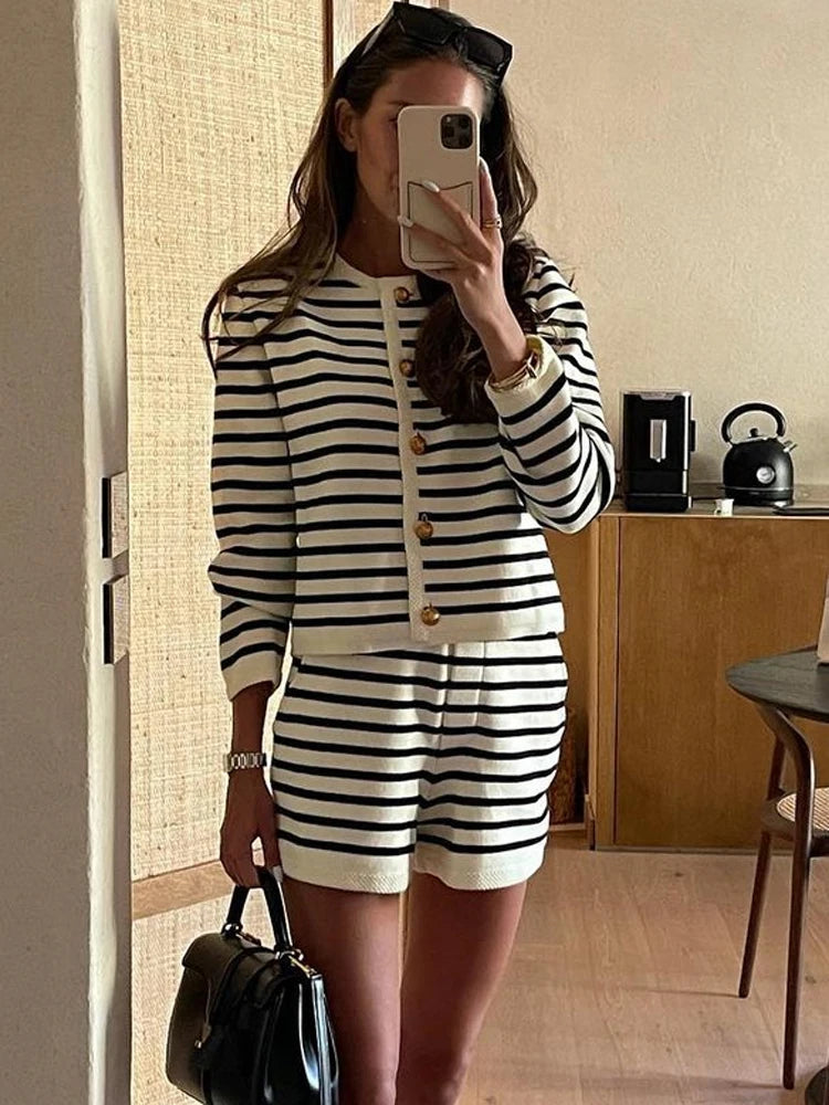 Tossy Striped Knit 2 Piece-Set Shorts Women Fashion Zebra Printed Cardigan And High Waist Patchwork Shorts Sets Knitwear Outfits