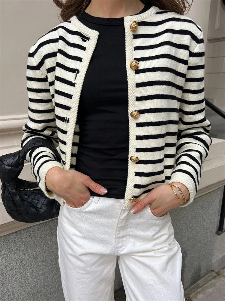 Tossy Striped Knit Sweater Cardigan Coat Female Loose Long Sleeve Fashion Slim Patchwork Contrast Outwear Summer Knitwear Coat