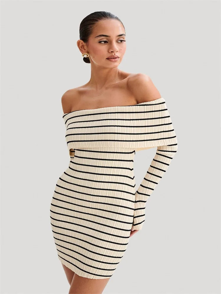 Tossy Striped Knit Sweater Mini Dress For Women Bandeau Backless Elegant Fashion Summer Contrast Party Dress Knitwear Mini Dress