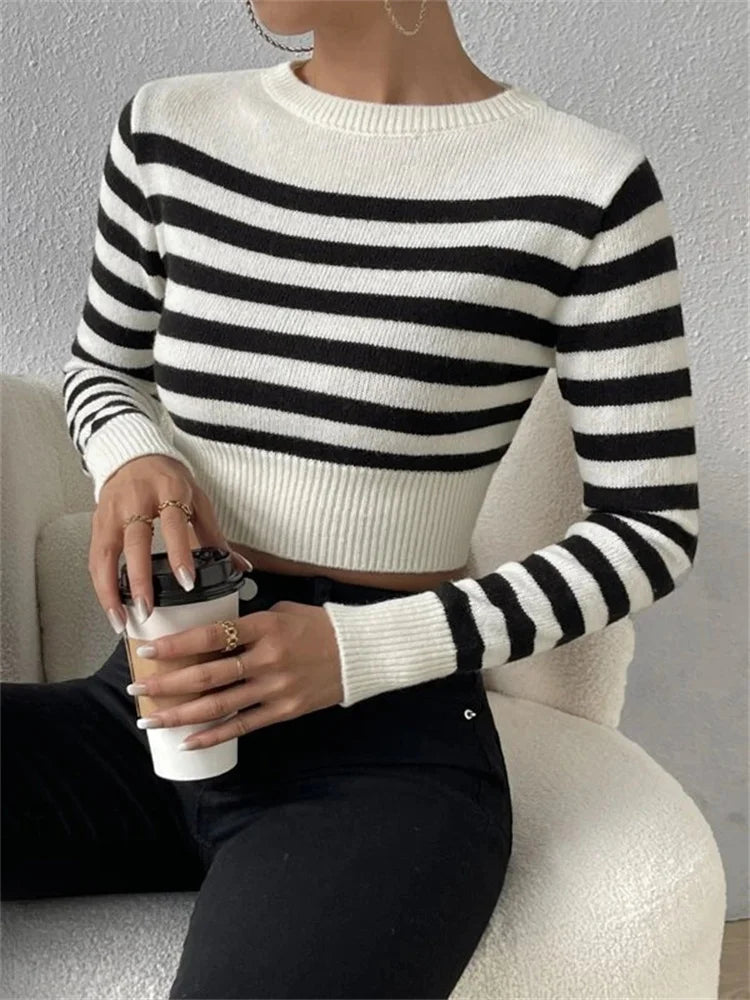 Tossy Striped Knit Sweater Pullover For Women Patchwork Long Sleeve Slim Crop top Fashion High Street Knitwear Female Pullover